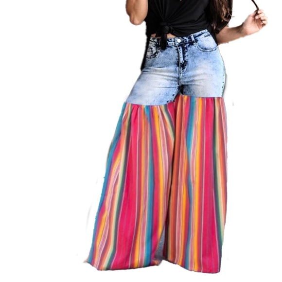 NWT - L & B DISTRESSED Half Denim red multi color Serape Party Pants - Picture 4 of 10